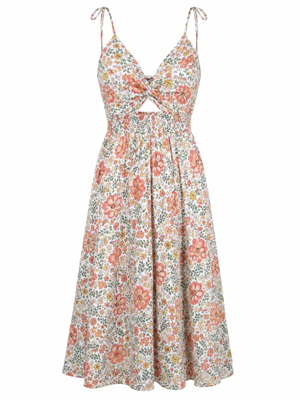 ANGIE | Floral Twist Front Cutout Boho Midi Sundress Adjustable Straps | L
